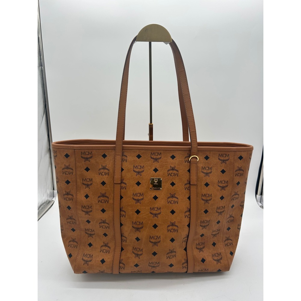 MCM Visetos Shopper Tote Women Large Cognac Monogram Coated Canvas Zip Top Bag